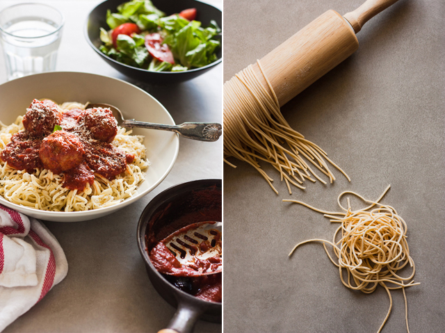 Parmigiana meatballs and homemade spaghetti