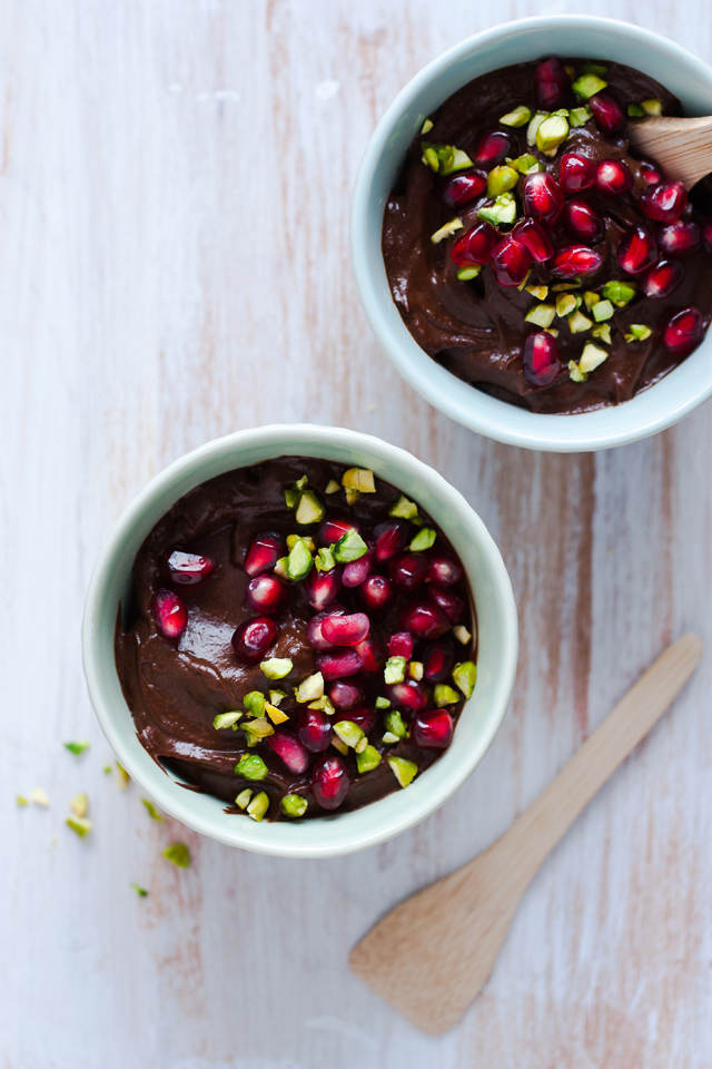 Avocado and chocolate mousse with pomegranate and pistachio