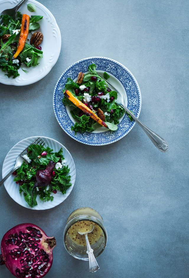 Kale, roasted vegetables, ricotta and pomegranate super salad