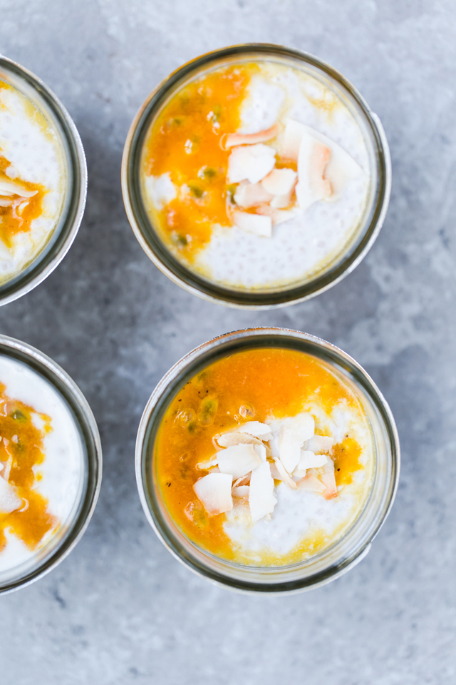 Hawaii in a jar : Coconut Chia Pudding with Passion Fruit & Maple Coulis