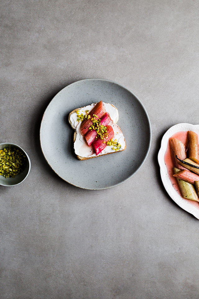 Roasted Rhubarb with vanilla, Labneh Toast and Pistachio