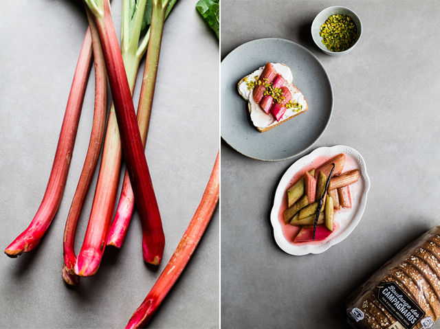 Roasted Rhubarb with vanilla, Labneh Toast and Pistachio